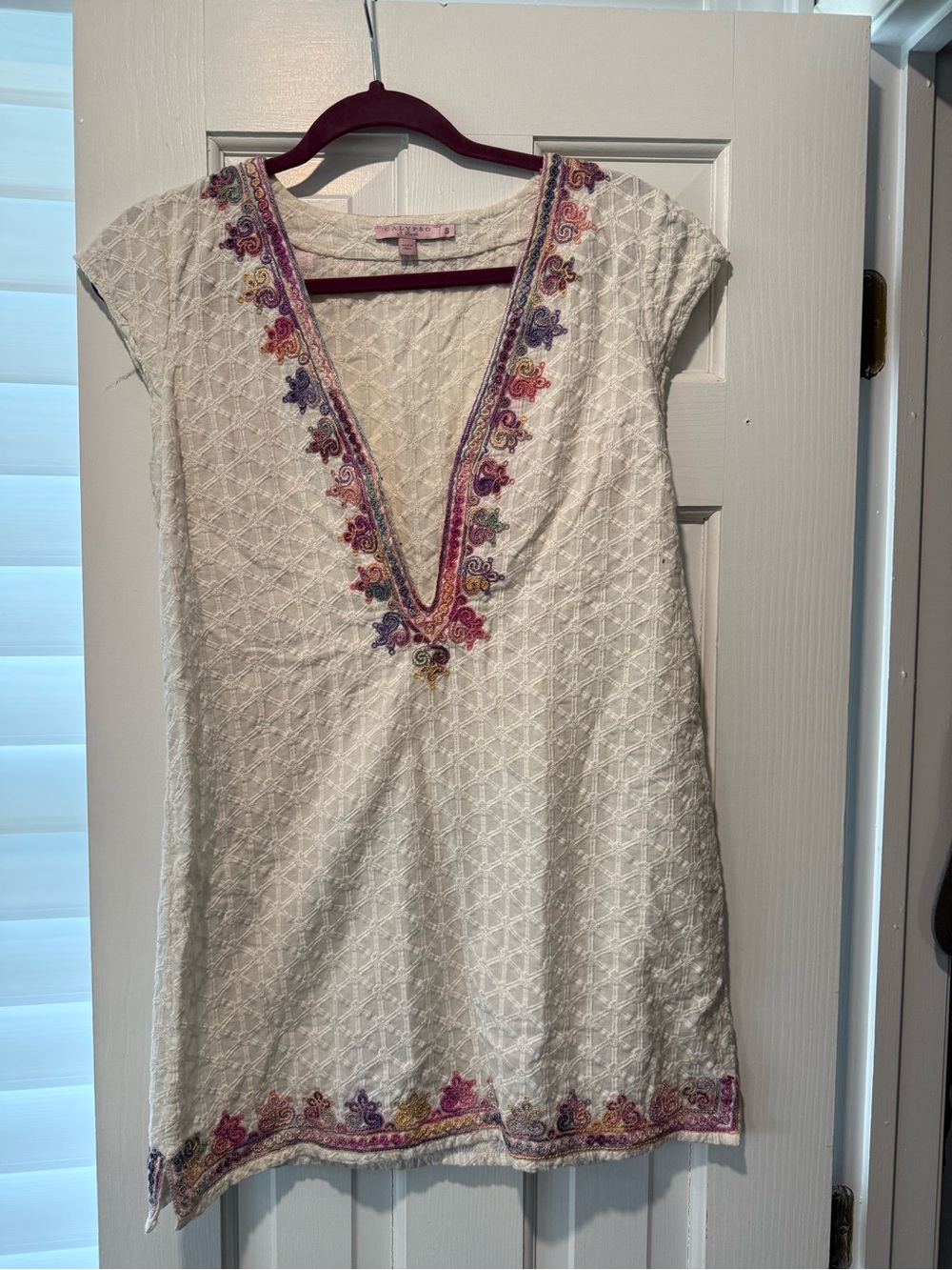 Calypso St. Barth Ivory Embroidered V-Neck Tunic with Multicolor Trim